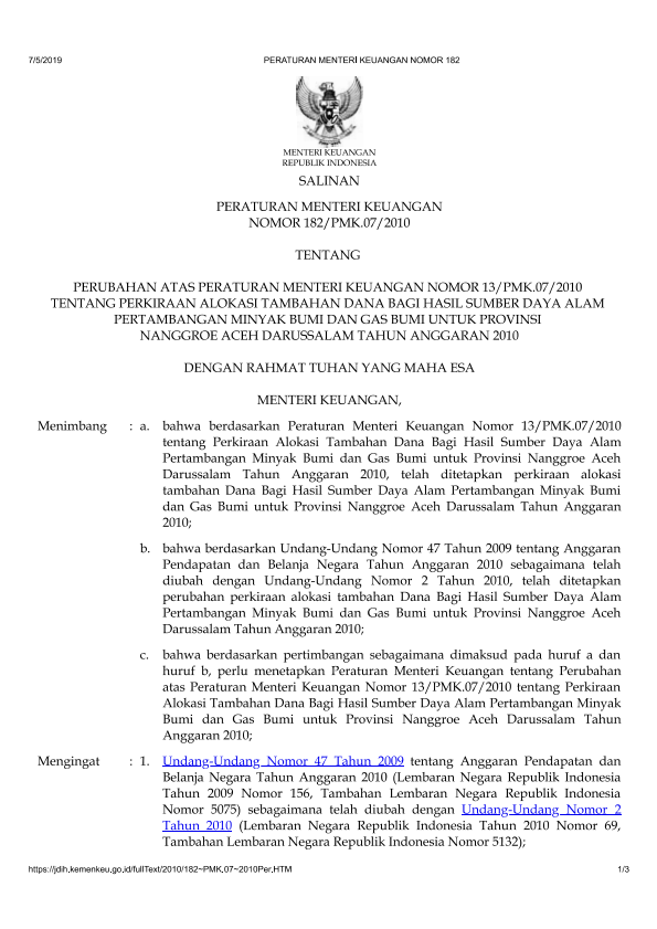 Peraturan Menteri Keuangan Nomor 182/PMK.07/2010