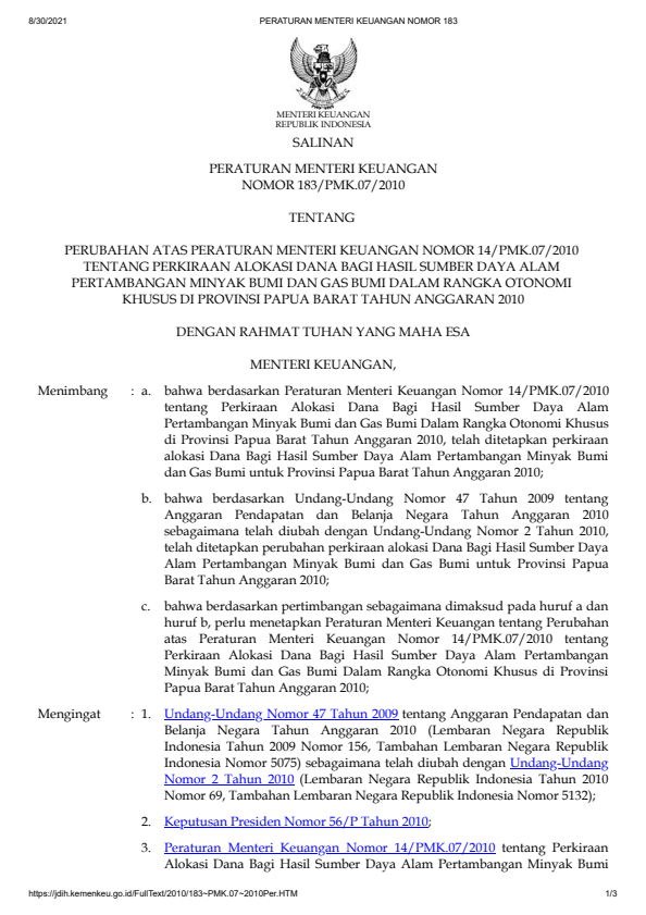 Peraturan Menteri Keuangan Nomor 183/PMK.07/2010