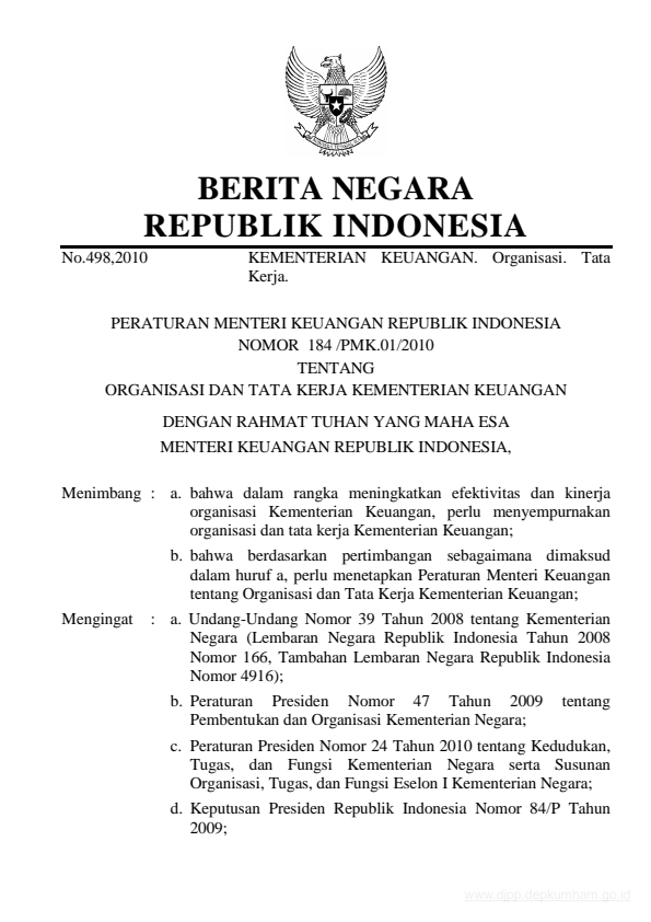Peraturan Menteri Keuangan Nomor 184/PMK.01/2010