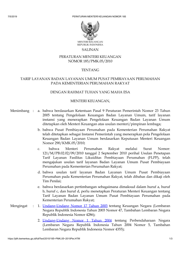 Peraturan Menteri Keuangan Nomor 185/PMK.05/2010