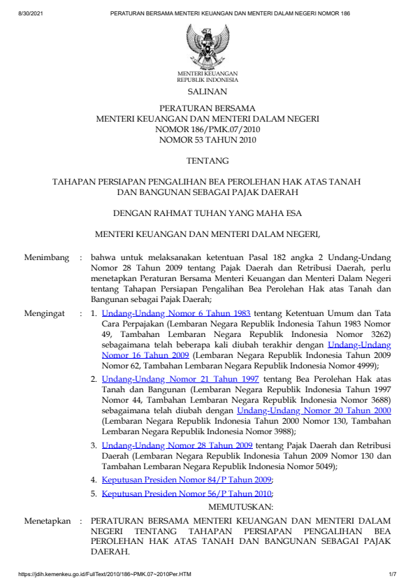 Peraturan Menteri Keuangan Nomor 186/PMK.07/2010