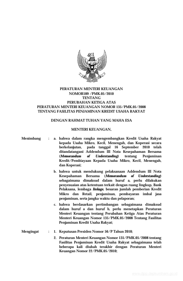 Peraturan Menteri Keuangan Nomor 189/PMK.05/2010