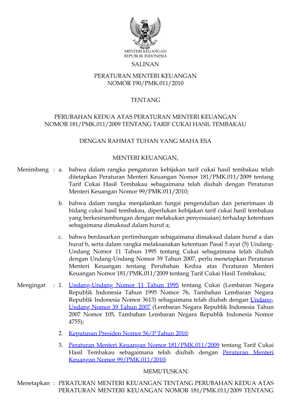 Peraturan Menteri Keuangan Nomor 190/PMK.011/2010