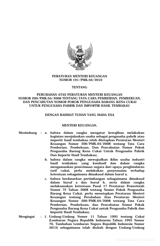 Peraturan Menteri Keuangan Nomor 191/PMK.04/2010