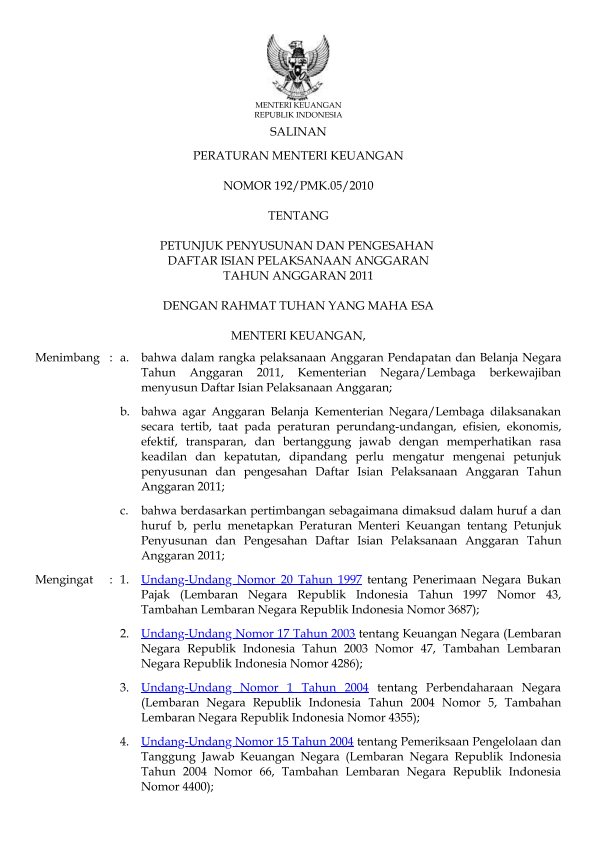 Peraturan Menteri Keuangan Nomor 192/PMK.05/2010