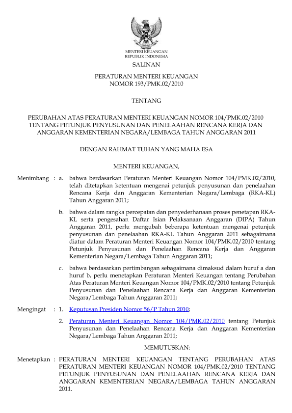 Peraturan Menteri Keuangan Nomor 193/PMK.02/2010