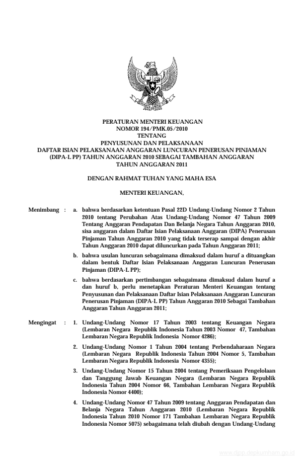 Peraturan Menteri Keuangan Nomor 194/PMK.05/2010