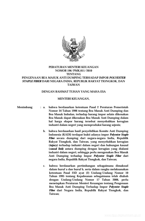 Peraturan Menteri Keuangan Nomor 196/PMK.011/2010