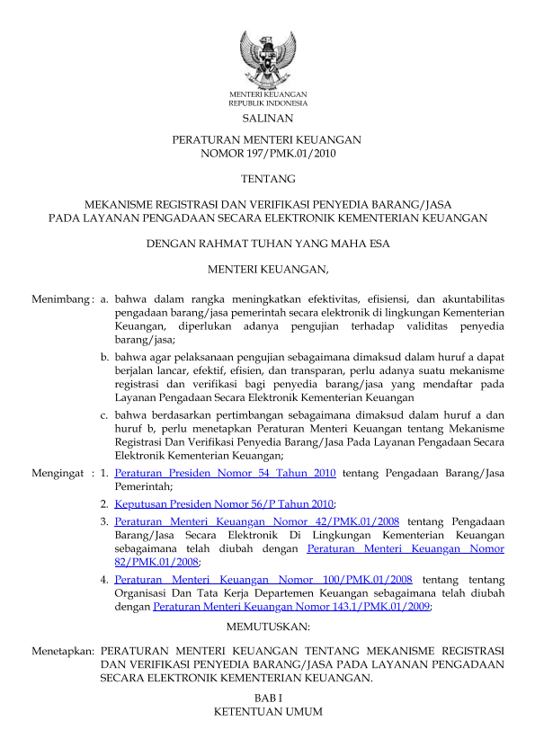 Peraturan Menteri Keuangan Nomor 197/PMK.01/2010