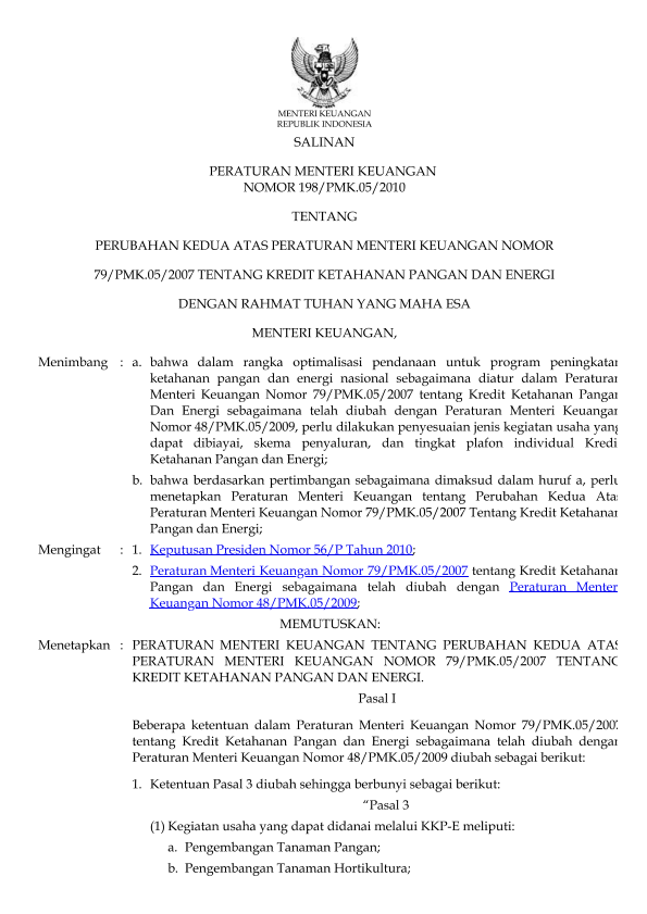 Peraturan Menteri Keuangan Nomor 198/PMK.05/2010