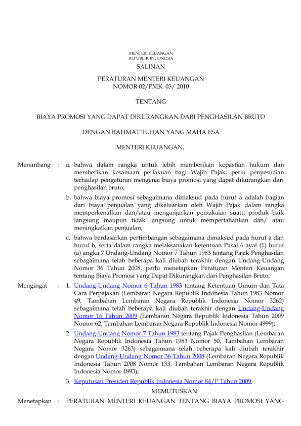 Peraturan Menteri Keuangan Nomor 02/PMK.03/2010