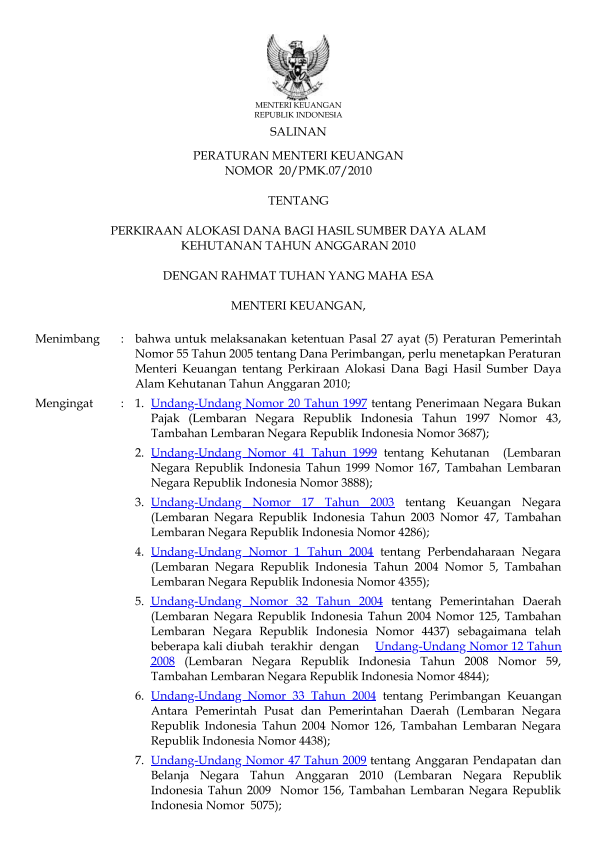 Peraturan Menteri Keuangan Nomor 20/PMK.07/2010