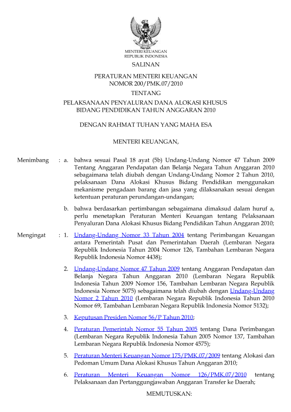 Peraturan Menteri Keuangan Nomor 200/PMK.07/2010