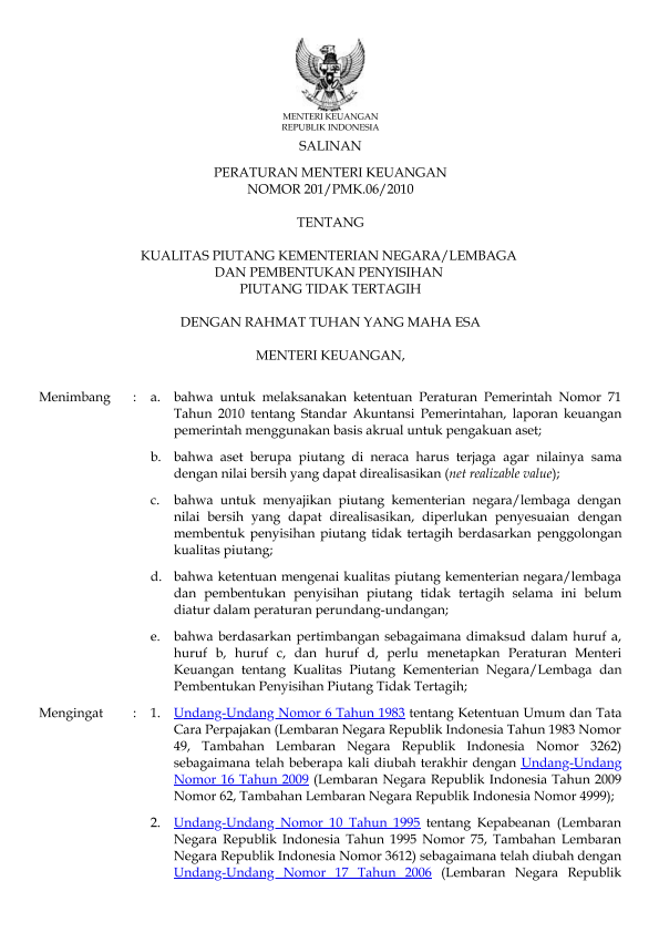 Peraturan Menteri Keuangan Nomor 201/PMK.06/2010