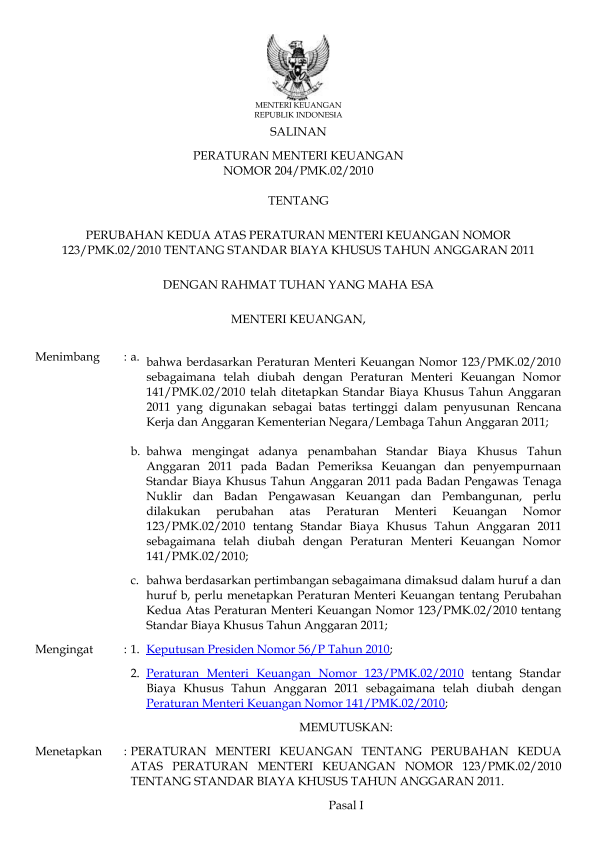 Peraturan Menteri Keuangan Nomor 204/PMK.02/2010