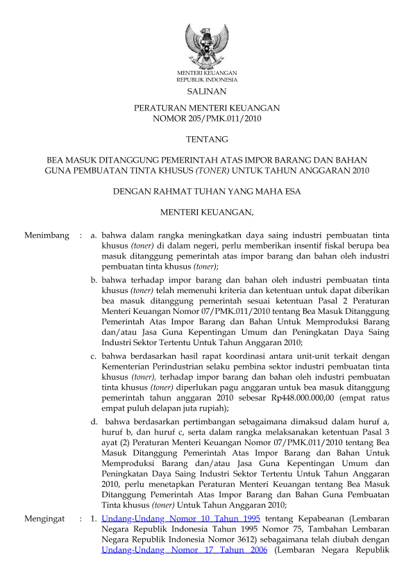 Peraturan Menteri Keuangan Nomor 205/PMK.011/2010