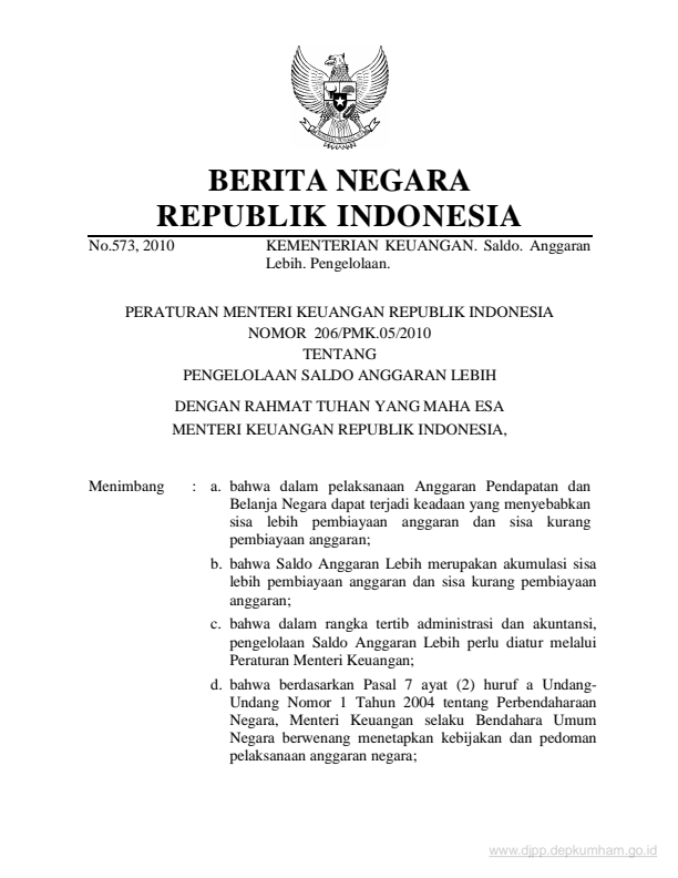 Peraturan Menteri Keuangan Nomor 206/PMK.05/2010