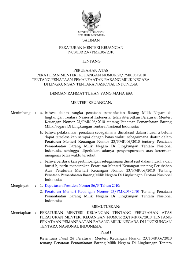 Peraturan Menteri Keuangan Nomor 207/PMK.06/2010