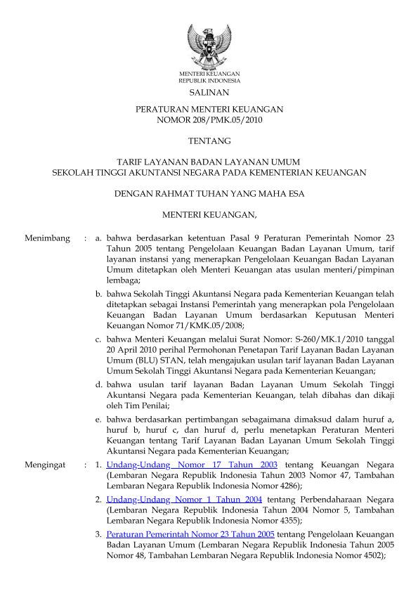 Peraturan Menteri Keuangan Nomor 208/PMK.05/2010