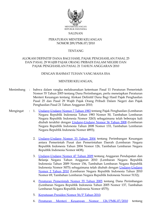 Peraturan Menteri Keuangan Nomor 209/PMK.07/2010