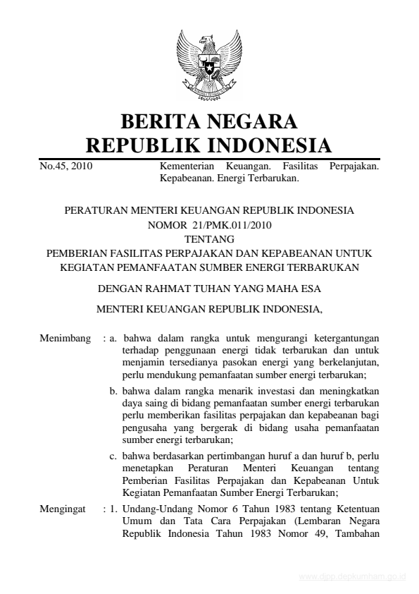 Peraturan Menteri Keuangan Nomor 21/PMK.011/2010