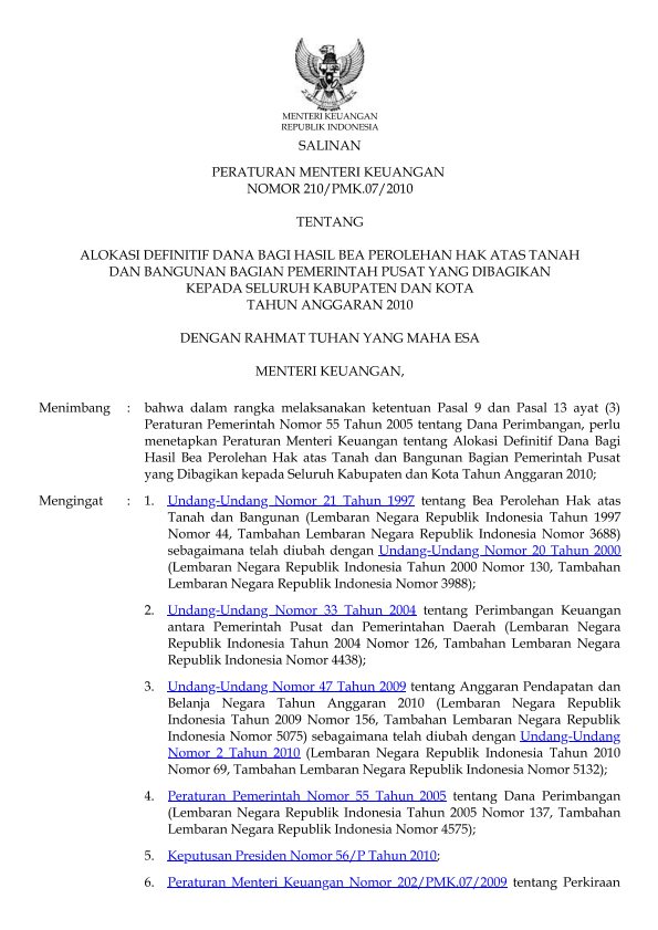 Peraturan Menteri Keuangan Nomor 210/PMK.07/2010