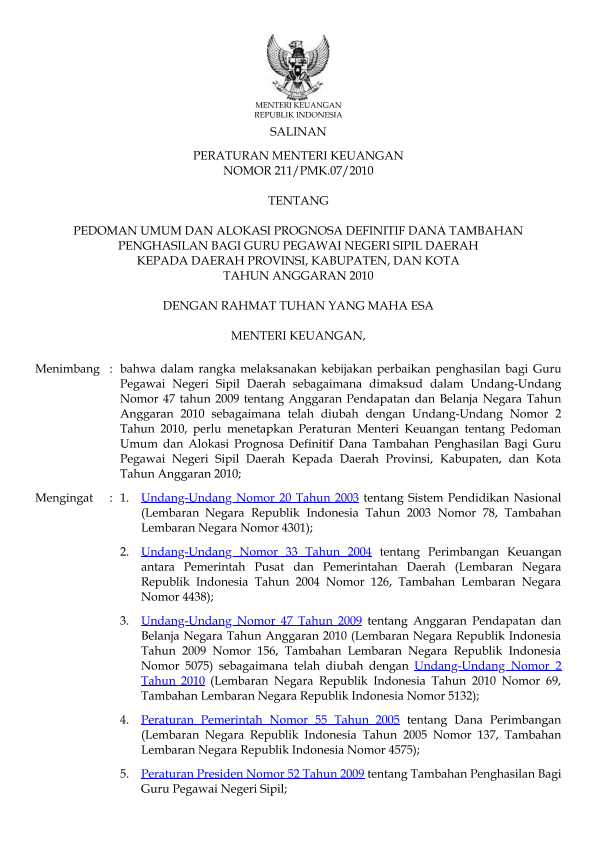 Peraturan Menteri Keuangan Nomor 211/PMK.07/2010