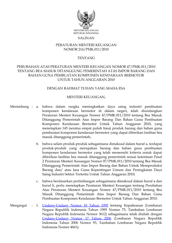 Peraturan Menteri Keuangan Nomor 214/PMK.011/2010