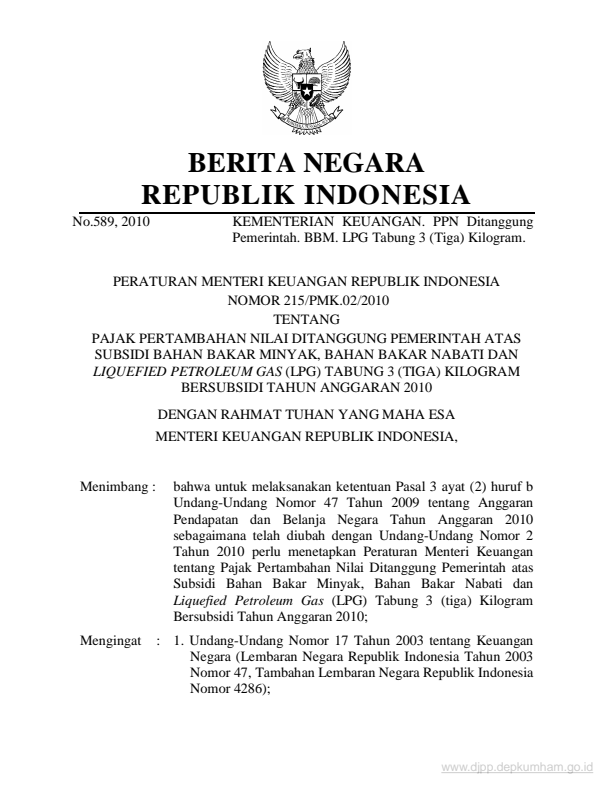 Peraturan Menteri Keuangan Nomor 215/PMK.02/2010