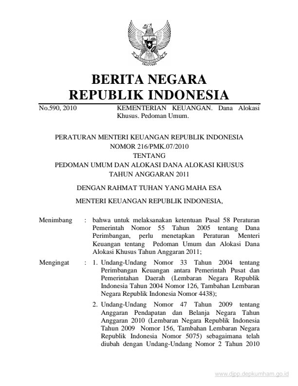 Peraturan Menteri Keuangan Nomor 216/PMK.07/2010