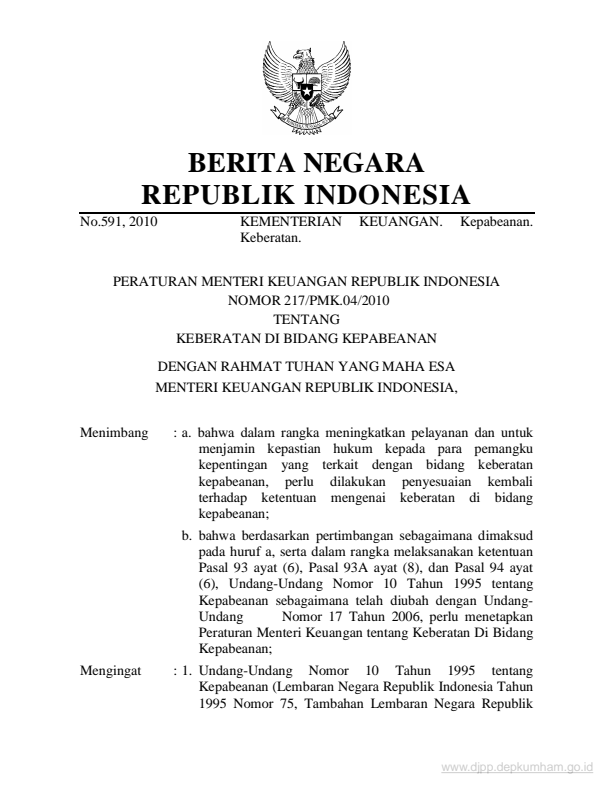 Peraturan Menteri Keuangan Nomor 217/PMK.04/2010