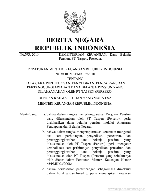 Peraturan Menteri Keuangan Nomor 218/PMK.02/2010