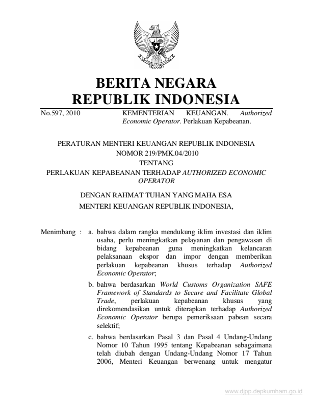 Peraturan Menteri Keuangan Nomor 219/PMK.04/2010