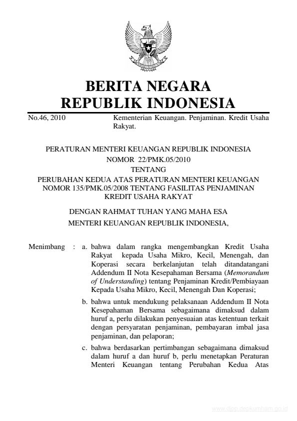 Peraturan Menteri Keuangan Nomor 22/PMK.05/2010