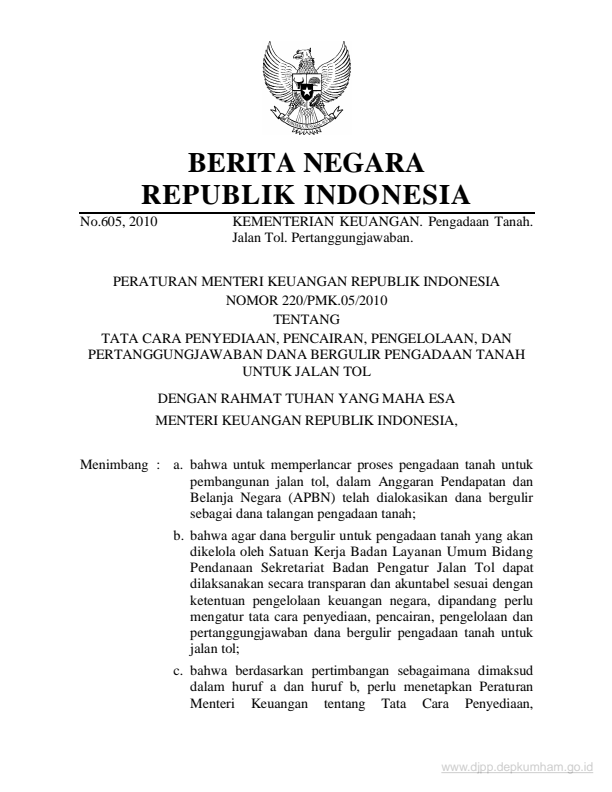 Peraturan Menteri Keuangan Nomor 220/PMK.05/2010