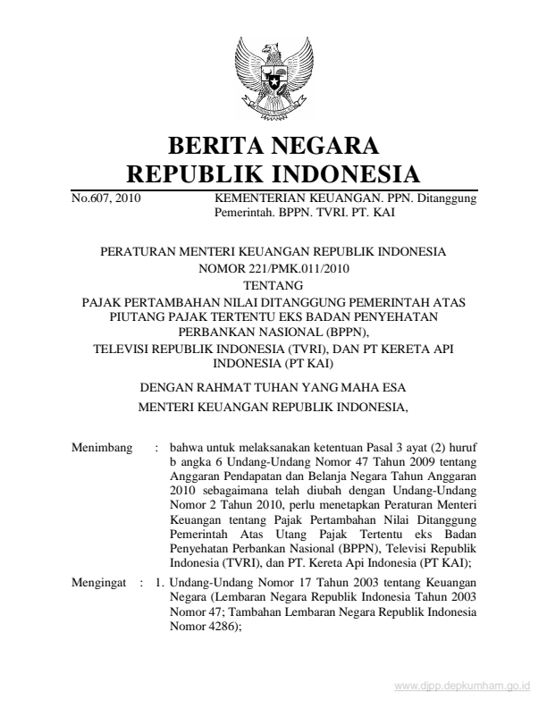 Peraturan Menteri Keuangan Nomor 221/PMK.011/2010