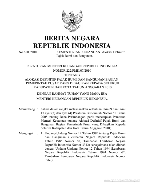 Peraturan Menteri Keuangan Nomor 222/PMK.07/2010