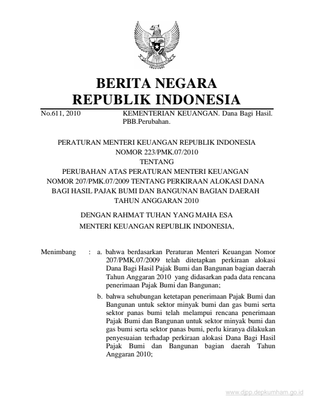 Peraturan Menteri Keuangan Nomor 223/PMK.07/2010