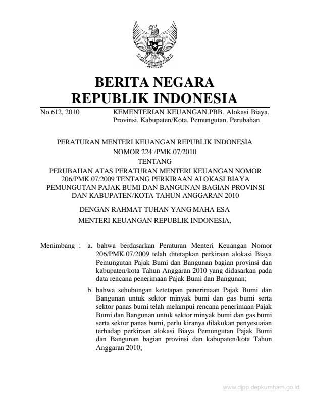 Peraturan Menteri Keuangan Nomor 224/PMK.07/2010