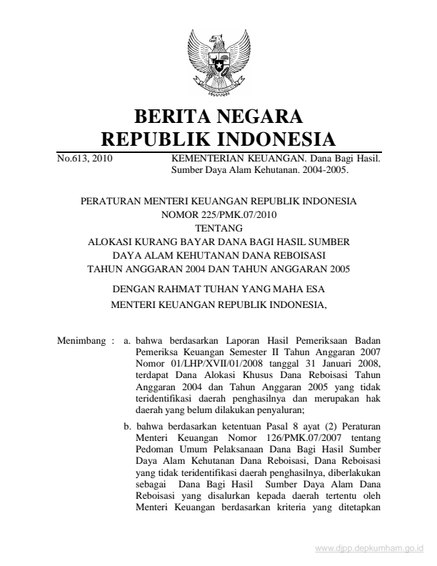 Peraturan Menteri Keuangan Nomor 225/PMK.07/2010