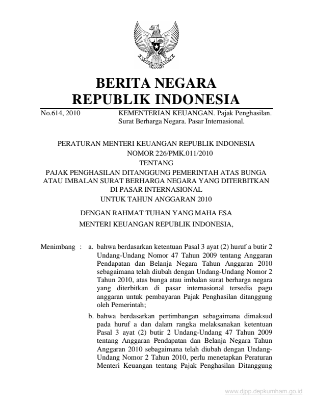 Peraturan Menteri Keuangan Nomor 226/PMK.011/2010