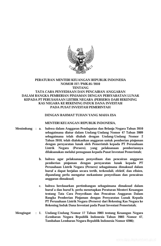 Peraturan Menteri Keuangan Nomor 227/PMK.011/2010