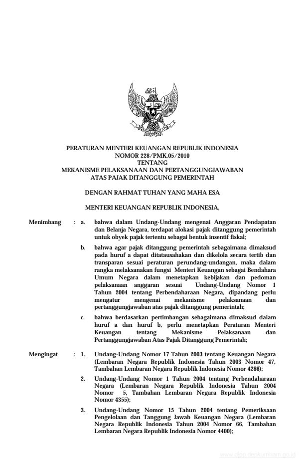 Peraturan Menteri Keuangan Nomor 228/PMK.05/2010