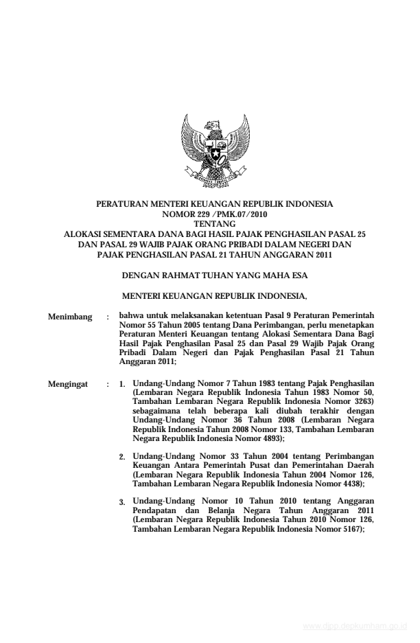 Peraturan Menteri Keuangan Nomor 229/PMK.07/2010