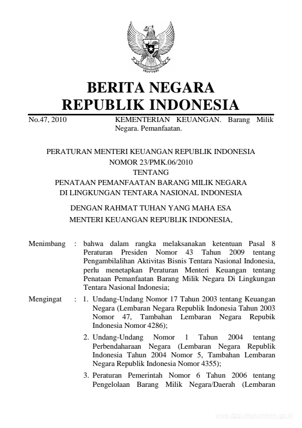 Peraturan Menteri Keuangan Nomor 23/PMK.06/2010