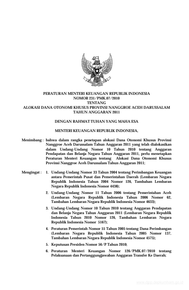 Peraturan Menteri Keuangan Nomor 231/PMK.07/2010