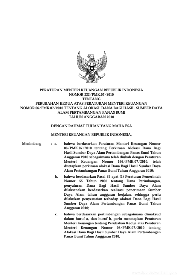 Peraturan Menteri Keuangan Nomor 232/PMK.07/2010