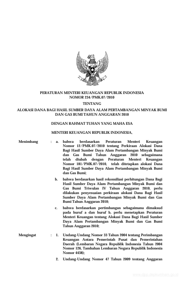 Peraturan Menteri Keuangan Nomor 234/PMK.07/2010