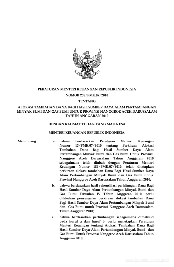 Peraturan Menteri Keuangan Nomor 235/PMK.07/2010