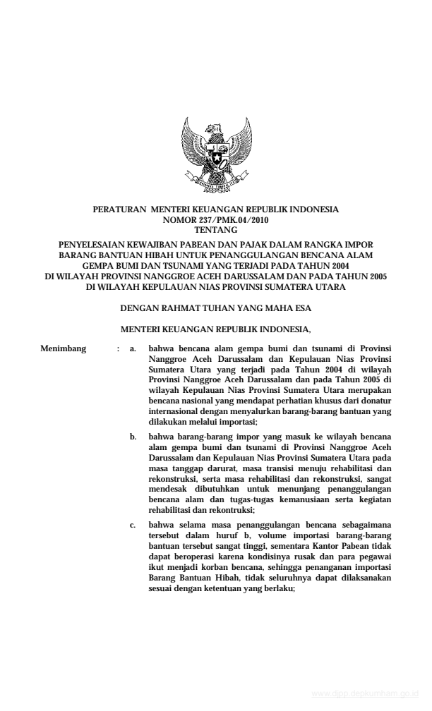 Peraturan Menteri Keuangan Nomor 237/PMK.04/2010